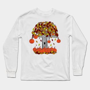 Simple Dark Tree With Pumpkins and Falling Leaves, Spooky Tree With Pumpkins leaves and pumpkins Long Sleeve T-Shirt